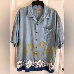 VTG Hilo Hattie Silk Shirt Men's Large Hawaiian Camp Palms Floral Green Tropical